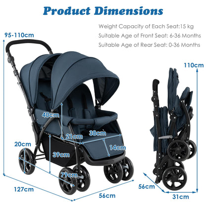 Maxmass Double Seat Baby Stroller, Folding Infant Pushchair with Adjustable Handlebar & Backrest, Storage Basket & Detachable Canopy, Travel Toddler Buggy for Shopping, Hanging Out (Navy Blue)