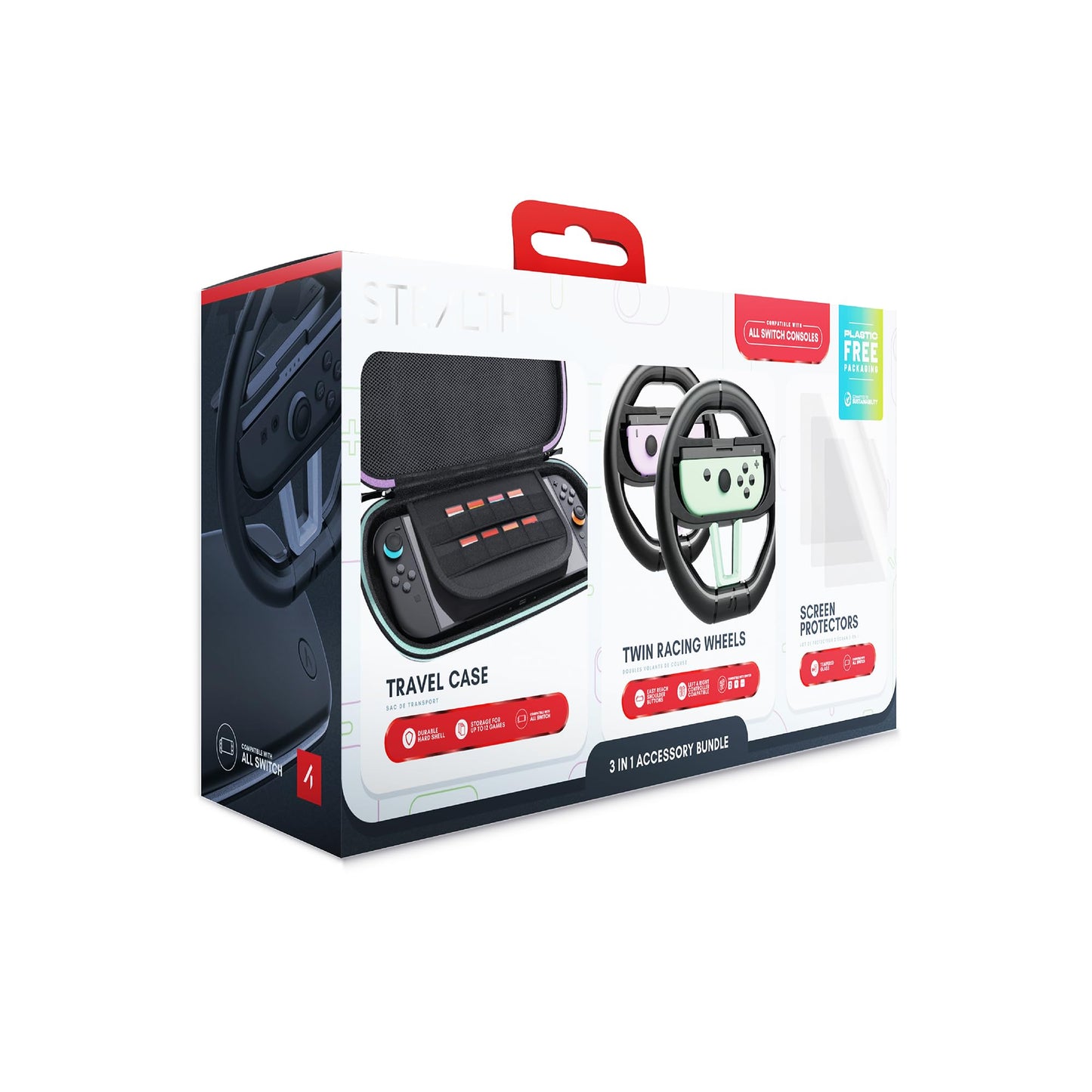 STEALTH 3-in-1 accessory bundle for Nintendo Switch, Switch 2, and OLED, including controller grips, screen protectors, and carrying case.