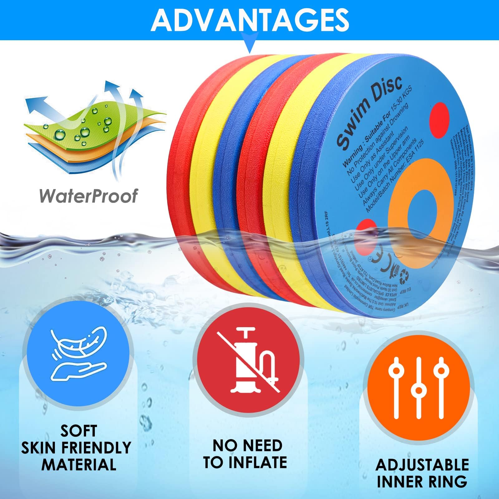 HOTENEAIRE swim float discs, colorful EVA foam armbands for kids, set of 6, designed for swim aid and safety.