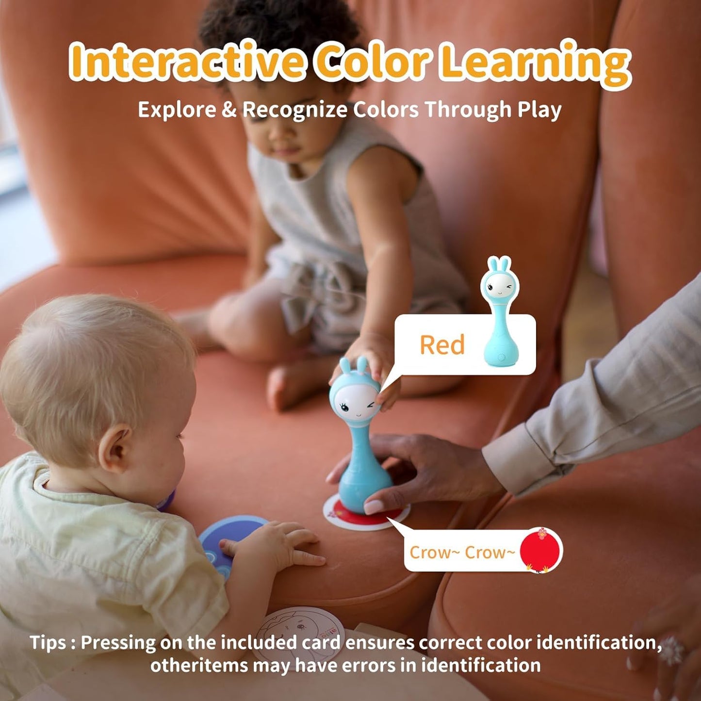 Alilo Smarty Bunny baby rattle toy with colorful design, sensory features, and multiple modes for infants 0-24 months.