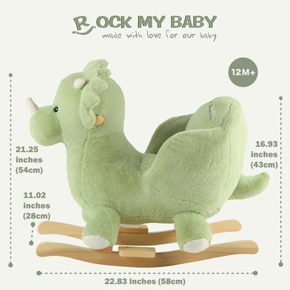Rock My Baby Plush Rocking Horse - Soft Stuffed Body,Safety Seat Chair, Wooden Rockers, Music Button – Toddler Ride-On Toy for Ages 1–3 (green)