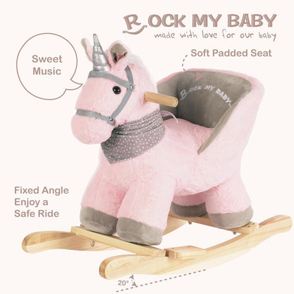 Rock My Baby Plush Rocking Horse - Soft Stuffed Body,Safety Seat Chair, Wooden Rockers, Music Button – Toddler Ride-On Toy for Ages 1–3 (pink)