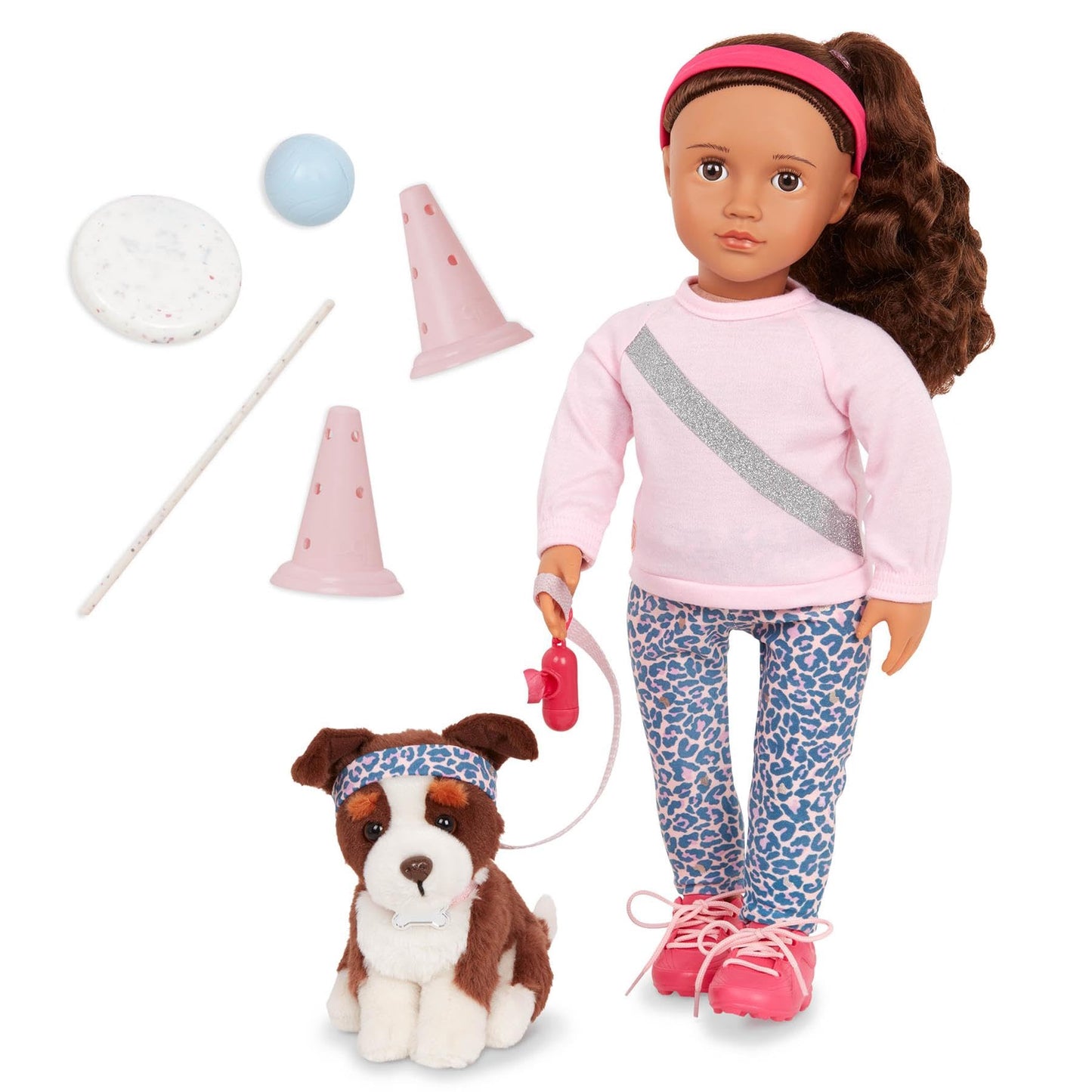 Our Generation Natalia doll with Nillie dog in agility training set with accessories for kids’ pretend play.