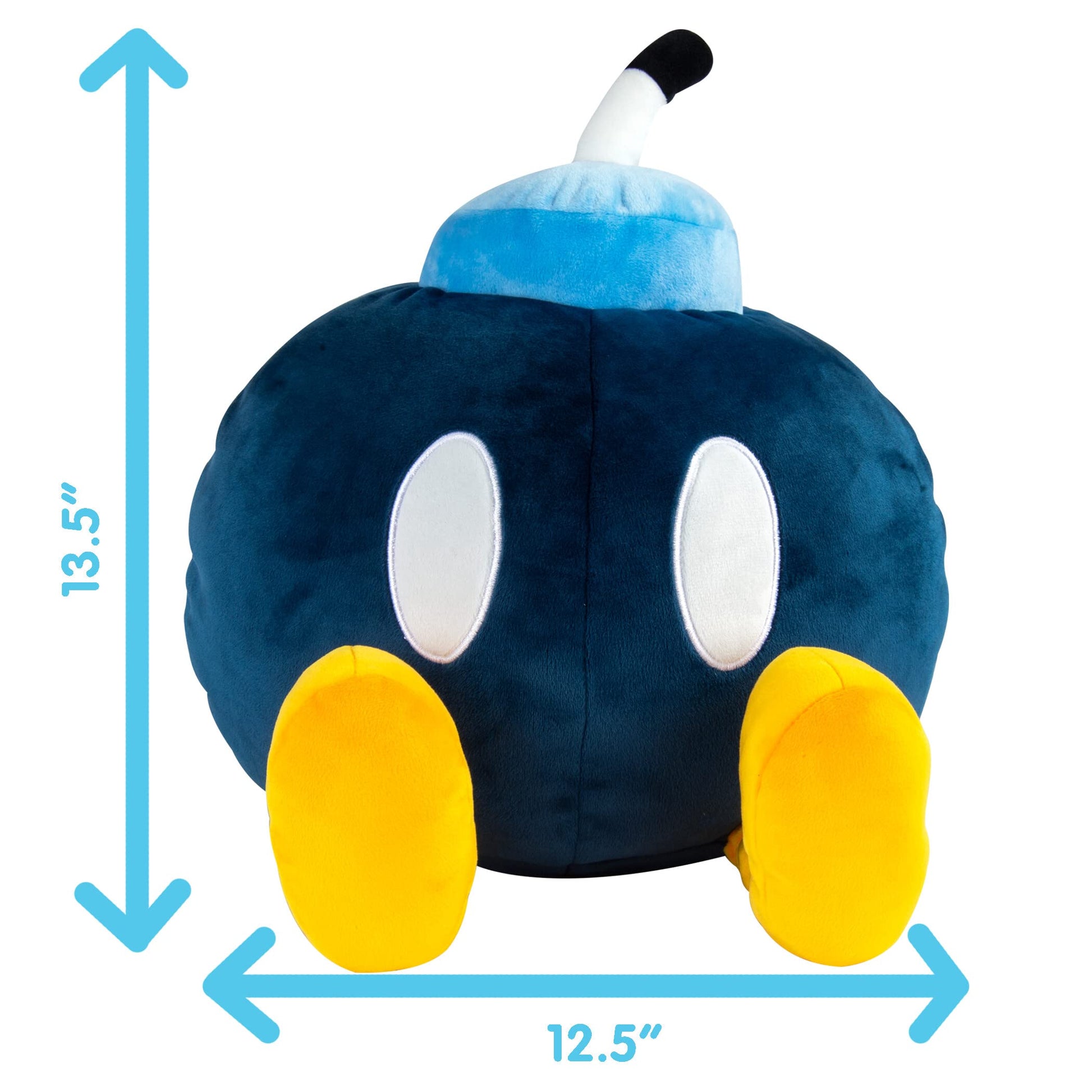 Blue TOMY Mega Bob-Omb plush toy from Nintendo, licensed Club Mocchi Mocchi plush representing the iconic gaming character.