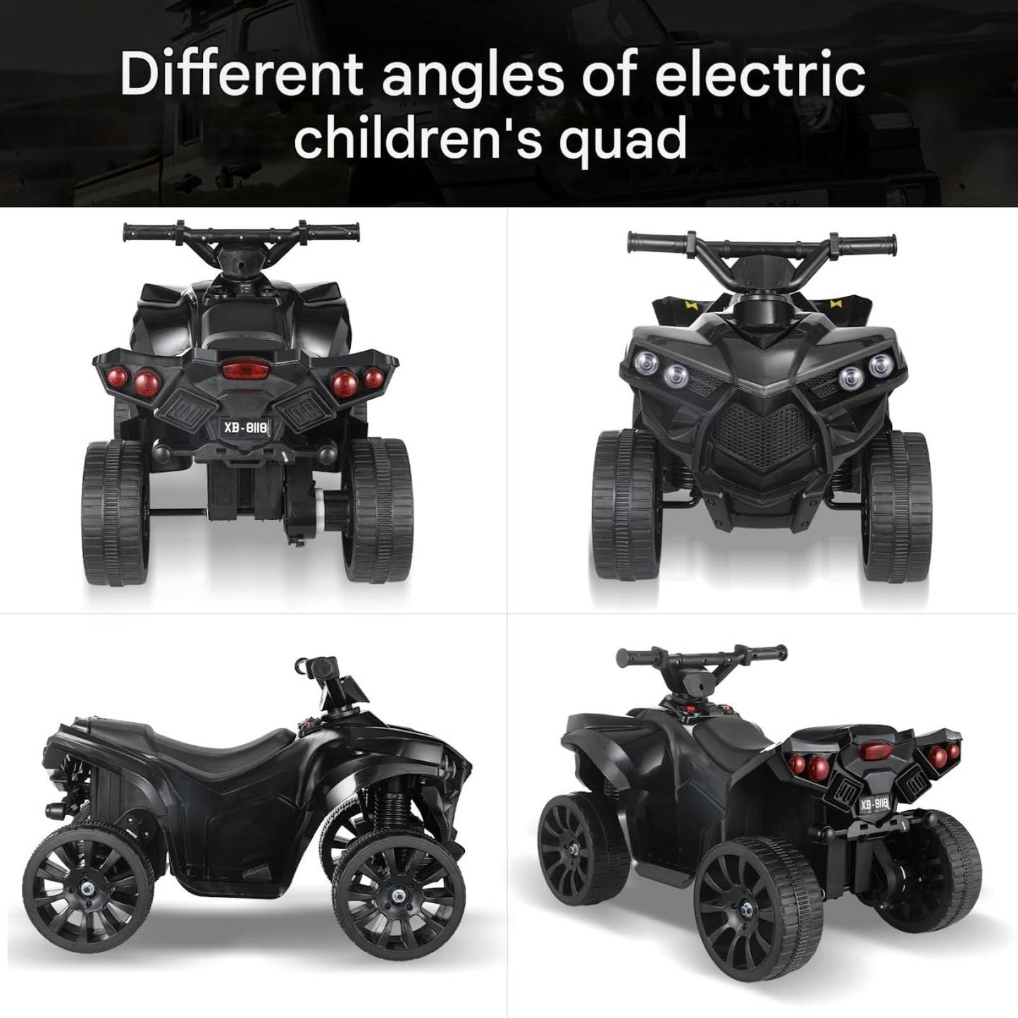 MAMIZO 6V Kids Electric Ride on Car, ATV Quad Bike with MP3 Music Player, Trumpet and LED Lights, USB Charging, Children Vehicle Quad Electric Car 3-5 km/h, for 3 Years Old Boys Girls, Black
