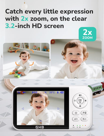 GHB baby monitor with camera, night vision, 3.2-inch screen, 2-way audio, temperature sensor, zoom, lullabies, and feeding reminder