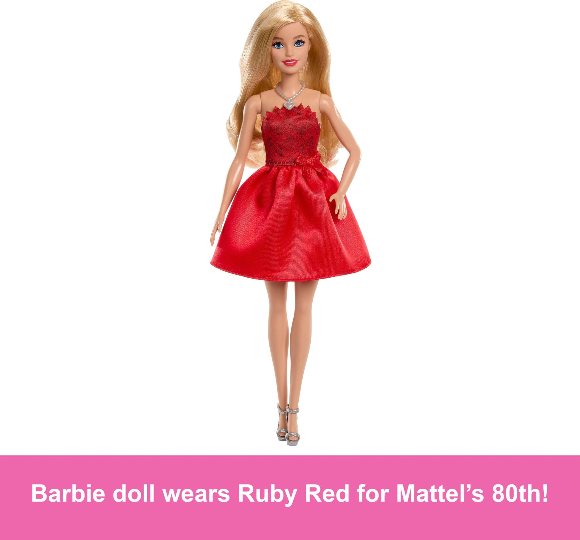 Barbie 80th Anniversary Ruby-Red Celebration doll in red dress with silvery shoes and necklace, collectible toy.
