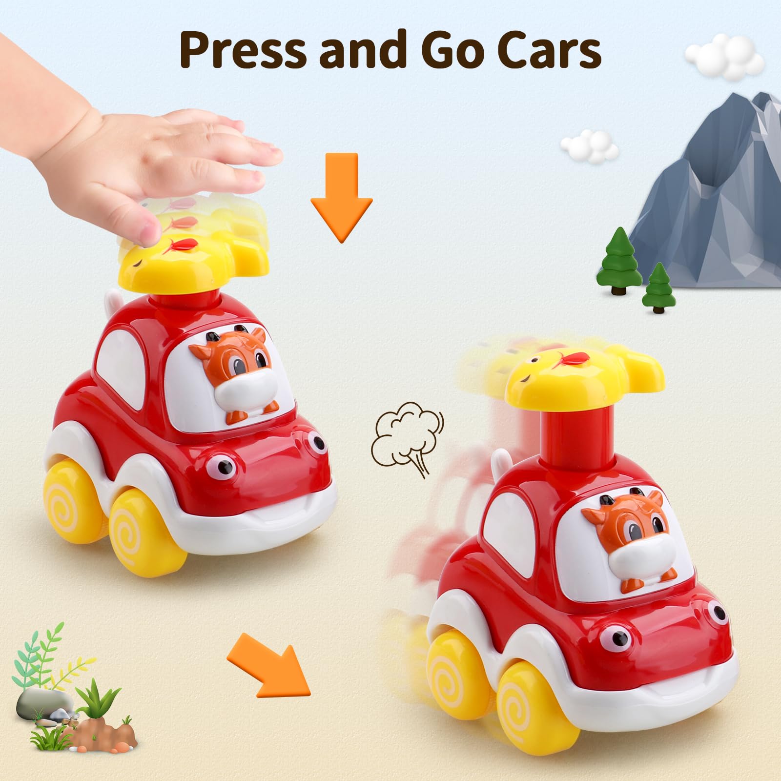 Set of four Amy & Benton press-and-go baby toy cars for 1-2 year old boys, featuring colorful, easy-to-ride designs.