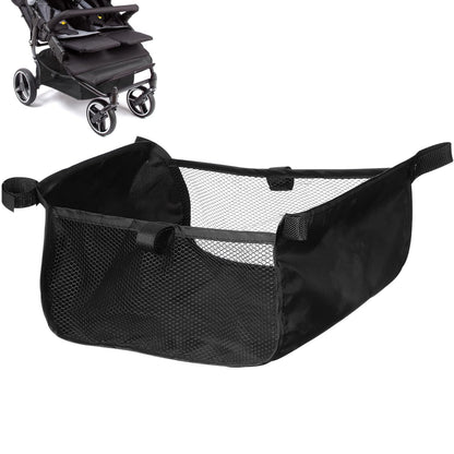 VICASKY baby stroller bottom basket in black, universal pushchair storage bag attached to a baby pram for shopping and accessories.