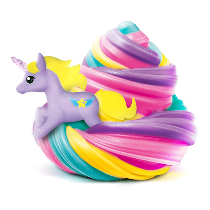 Colorful unicorn pot slime by So Slime in a collectible unicorn cup, featuring stretchy, sensory slime perfect for kids.