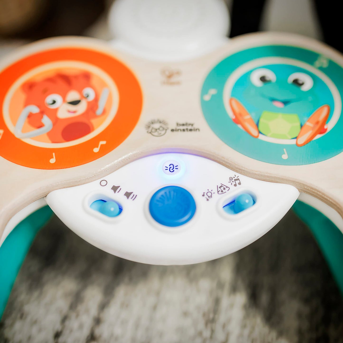 Baby Einstein Together in Tune Drums toddler musical toy with wireless wooden drums and magic touch buttons for ages 12 months and up.