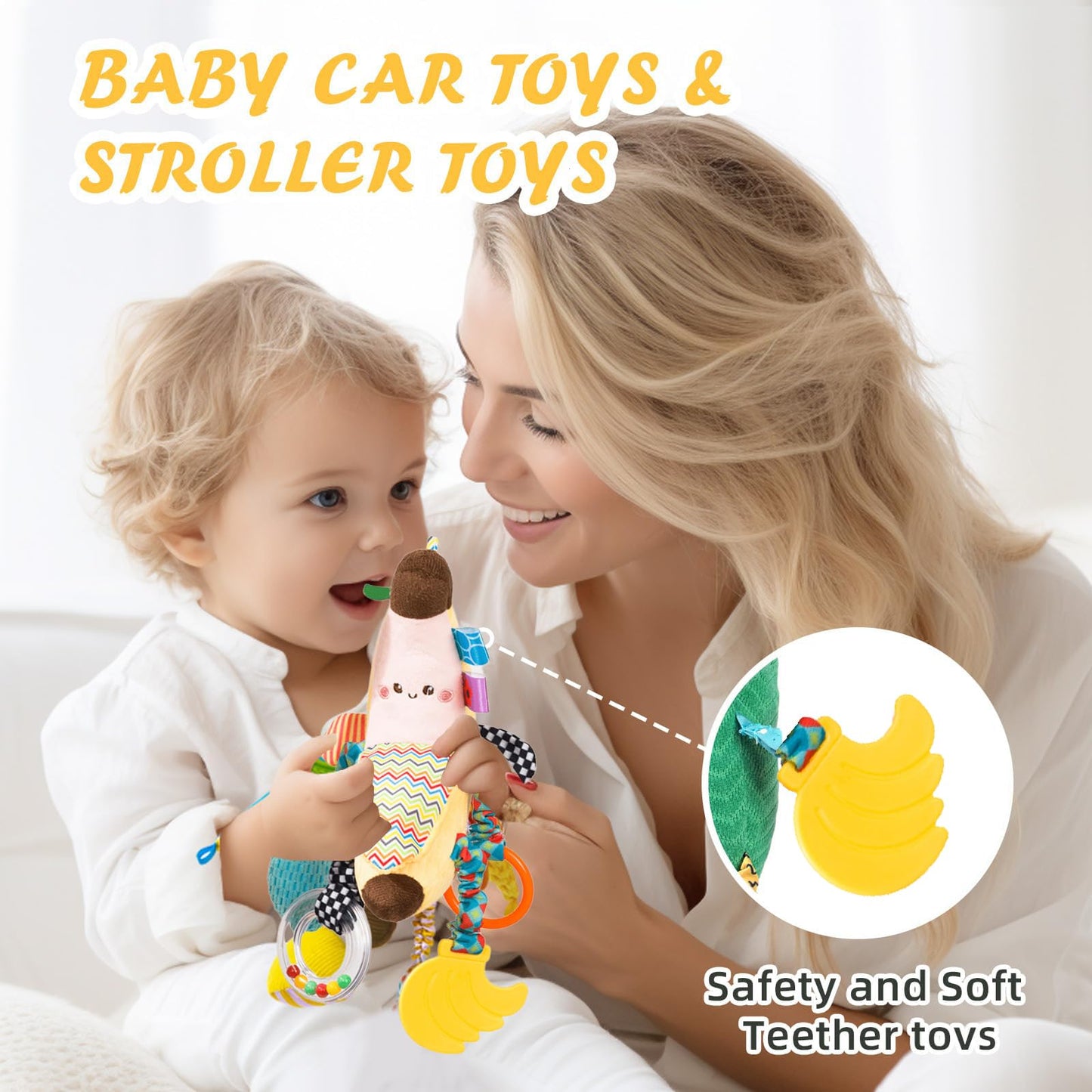 Felly clip-on plush pram toy with colorful hanging rattle for babies 0-6 months, sensory and travel activity toy for newborns