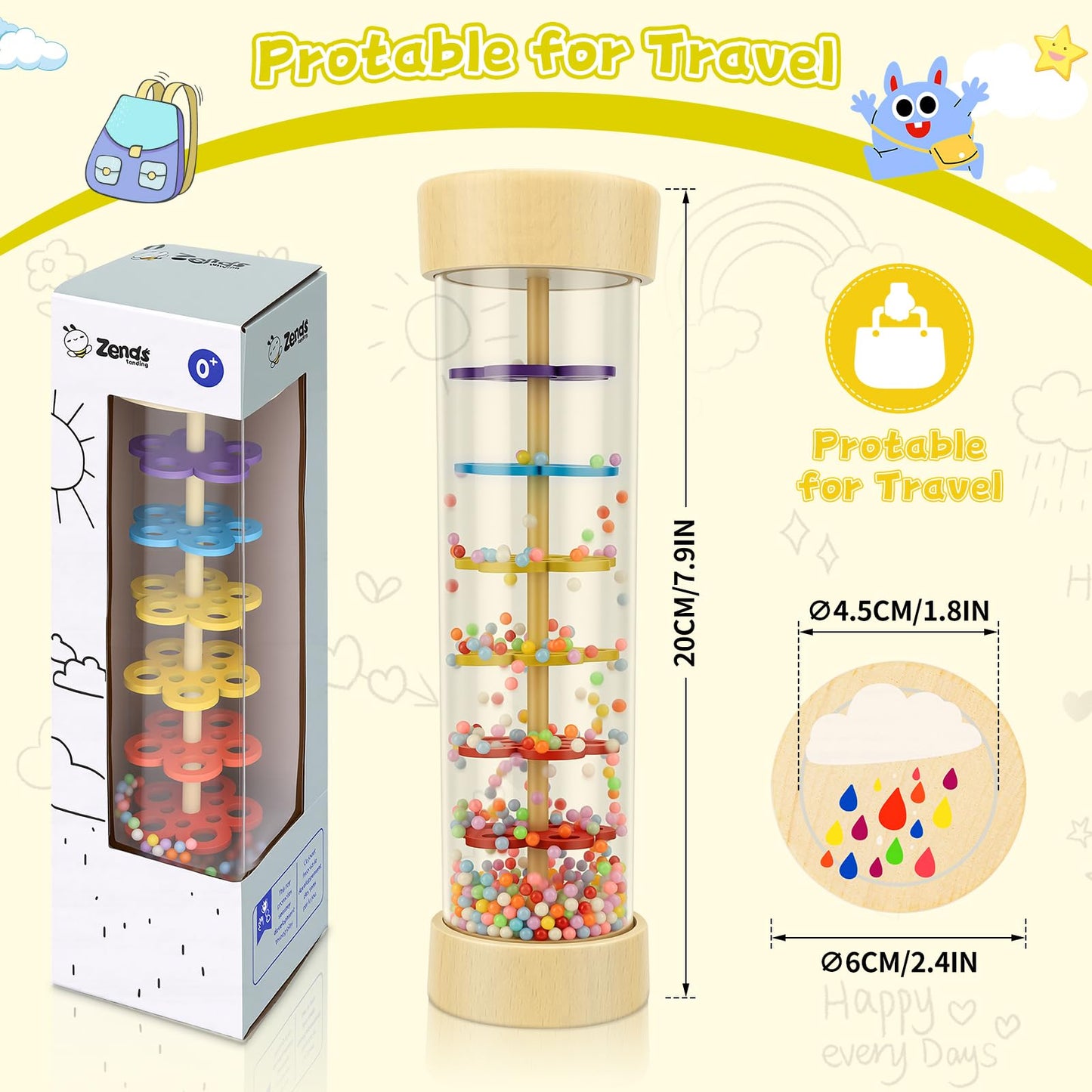 Wooden baby rattle toy by Zendstanding, featuring a rain stick design for sensory play and musical development for infants.