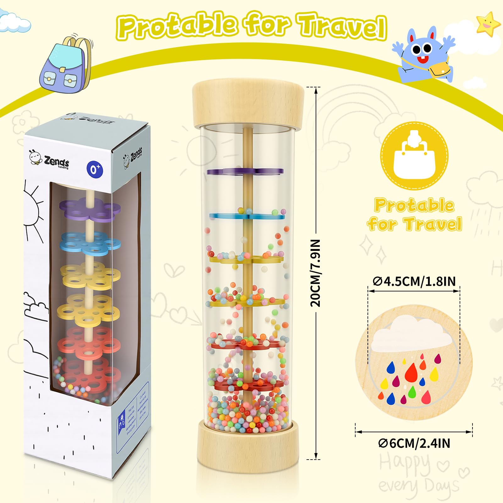 Wooden baby rattle toy by Zendstanding, featuring a rain stick design for sensory play and musical development for infants.