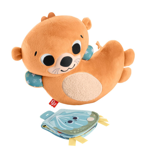 Fisher-Price 2-in-1 Rockin’ Tummy Time Otter plush toy with soft book for newborns, sensory activity toy for infants 0+ months.