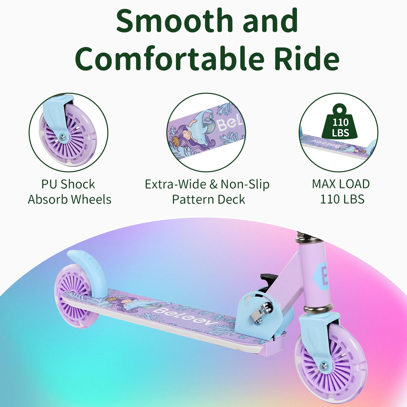 BELEEV V2 Kids Scooter with light-up wheels, adjustable height, non-slip deck, and foldable design for children aged 3-12.