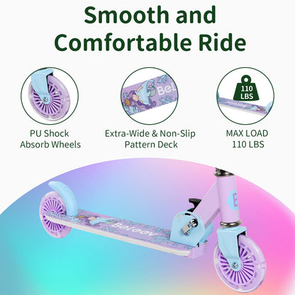 BELEEV V2 Kids Scooter with light-up wheels, adjustable height, non-slip deck, and foldable design for children aged 3-12.