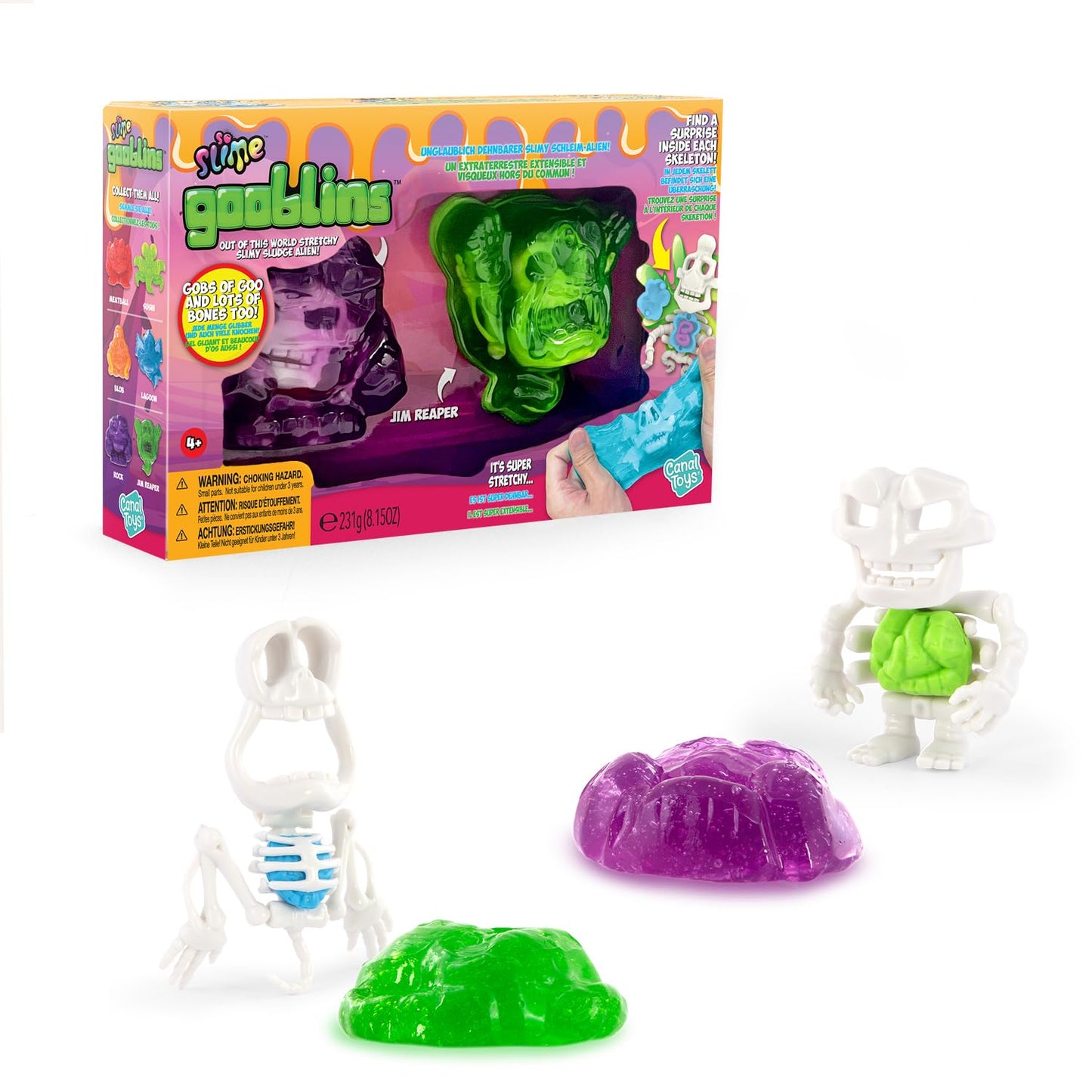 So Slime Gooblins slime gift set with two colorful slime containers, figurines, hidden skeletons, and internal surprises for kids.