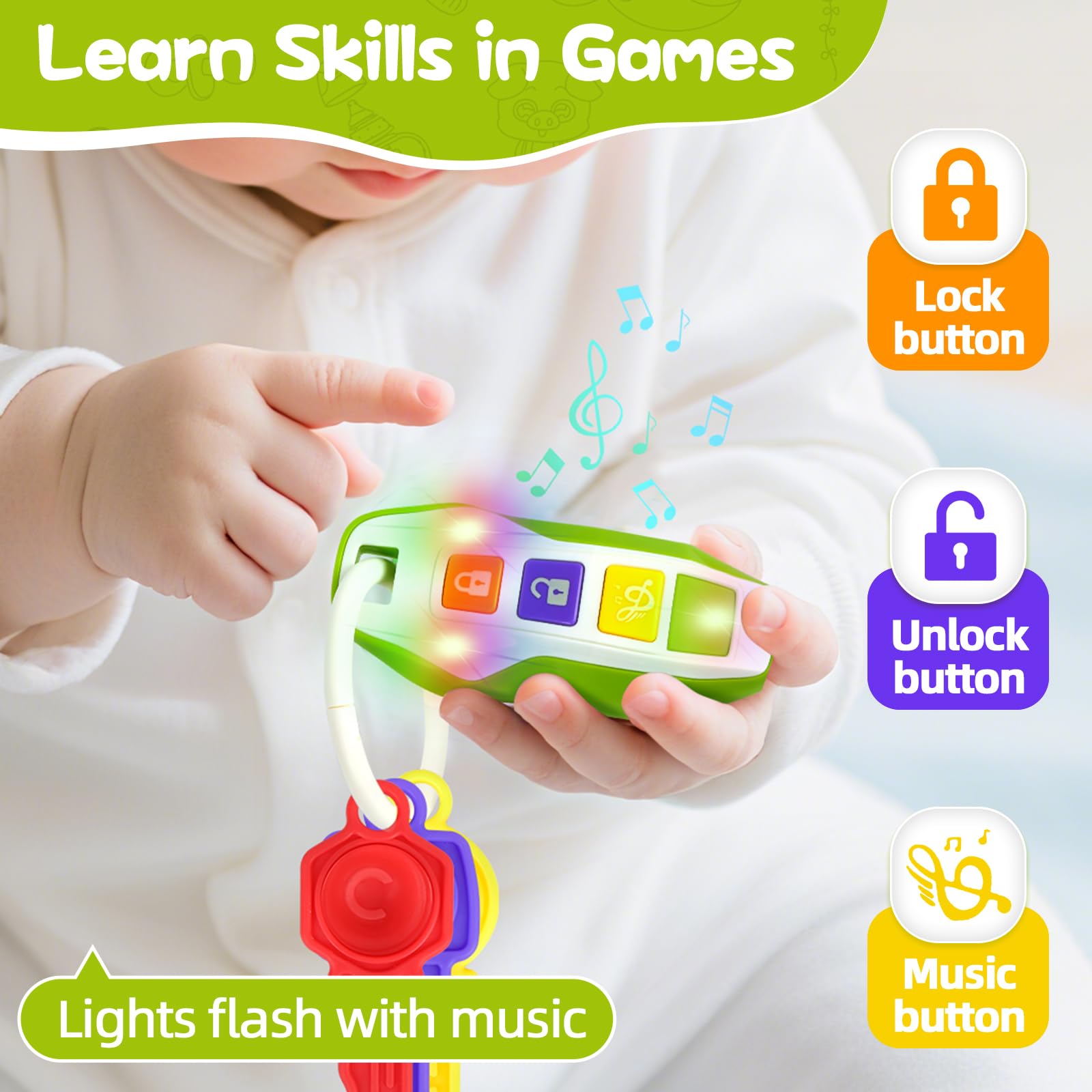 Green baby teething toy shaped like car keys with lights and music, designed for sensory learning and fine motor development.