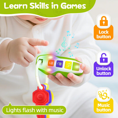 Green baby teething toy shaped like car keys with lights and music, designed for sensory learning and fine motor development.
