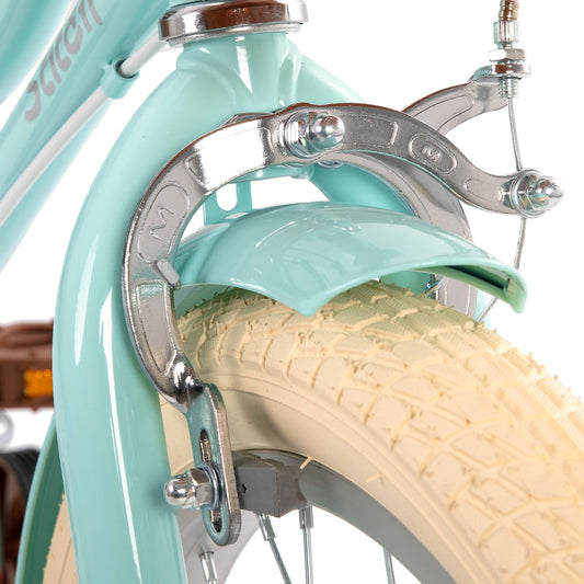 Mint green STITCH 14-inch kids bike with basket and stabilisers for girls aged 3 to 5, showcasing wheels and frame design.