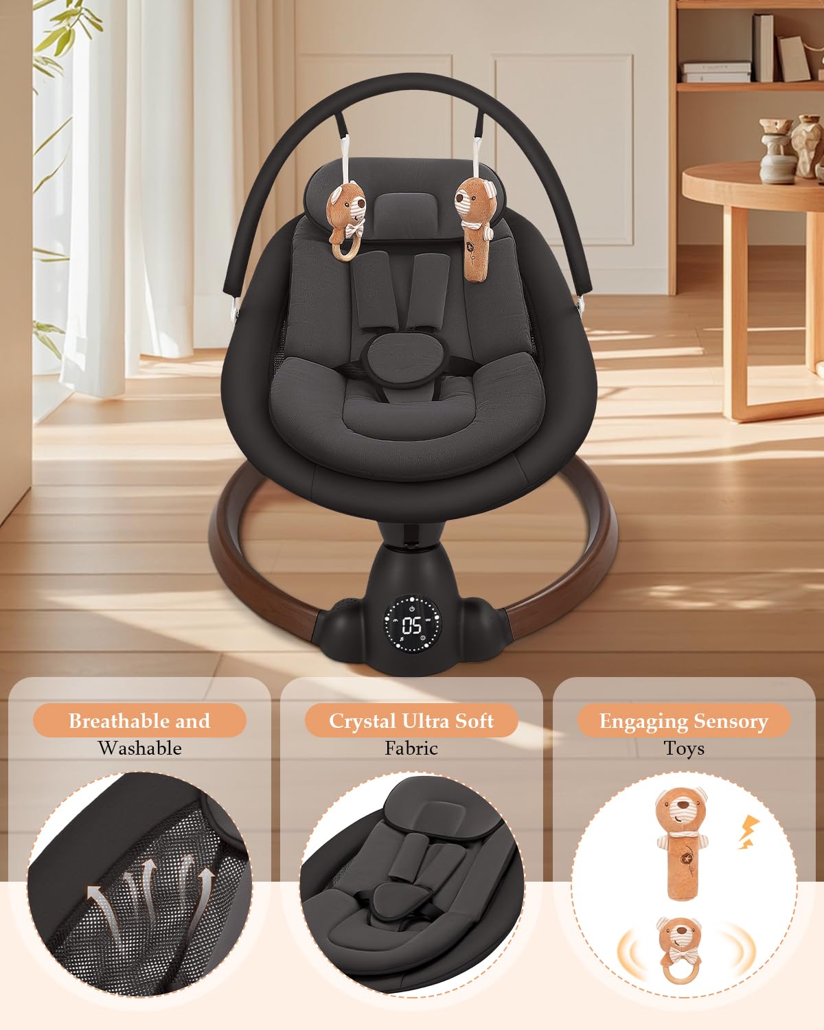 Uuoeebb portable baby bouncer with Bluetooth, 5 swing speeds, 10 lullabies, 5-point harness, remote, and touch control in black.