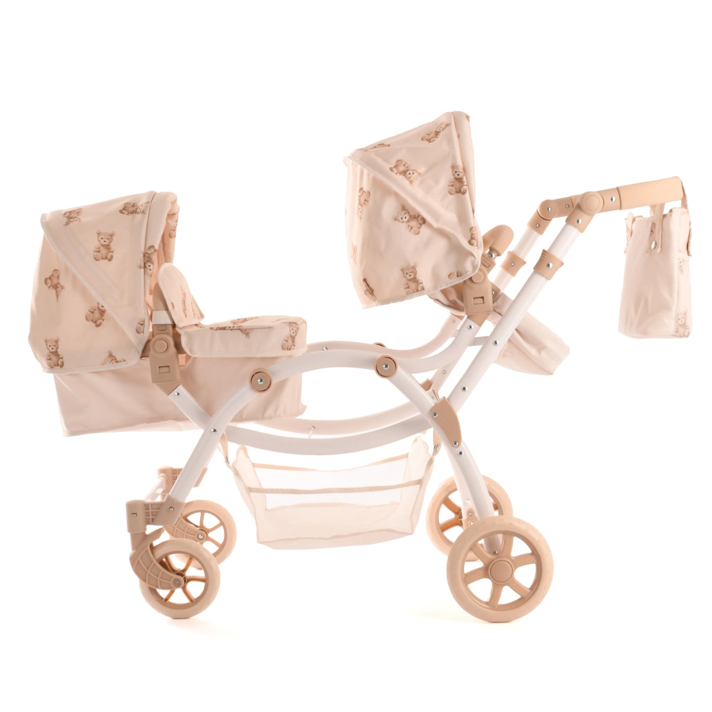 Roma Teddy Twin Dolls Pram - Realistic Double Dolls Pushchair for Ages 3-16, Cream with Teddy Print, Adjustable Handle, 16 Combinations, Ideal Toy Pram for Reborn Dolls, Includes Bag & Basket