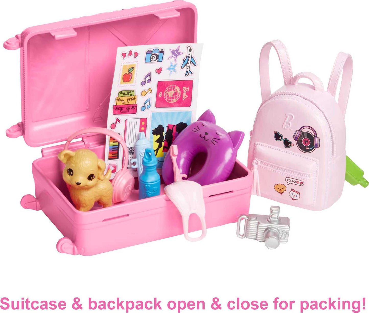 Barbie Malibu doll with blonde hair in travel set, includes suitcase, puppy, and 10+ accessories for imaginative play.