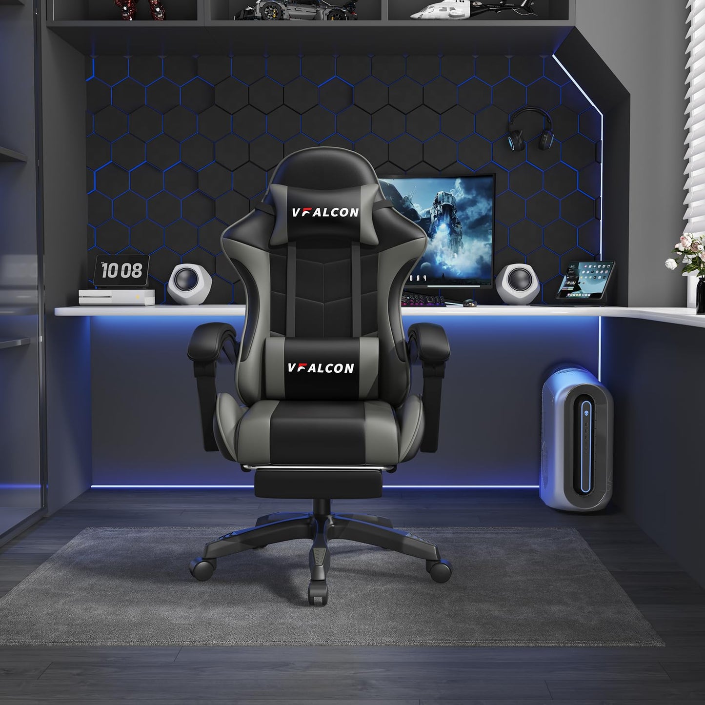 Vfalcon XTREME gaming chair in grey with ergonomic design, reclining feature, footrest, 360° swivel, and adjustable height.