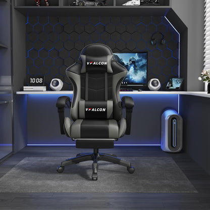 Vfalcon XTREME gaming chair in grey with ergonomic design, reclining feature, footrest, 360° swivel, and adjustable height.