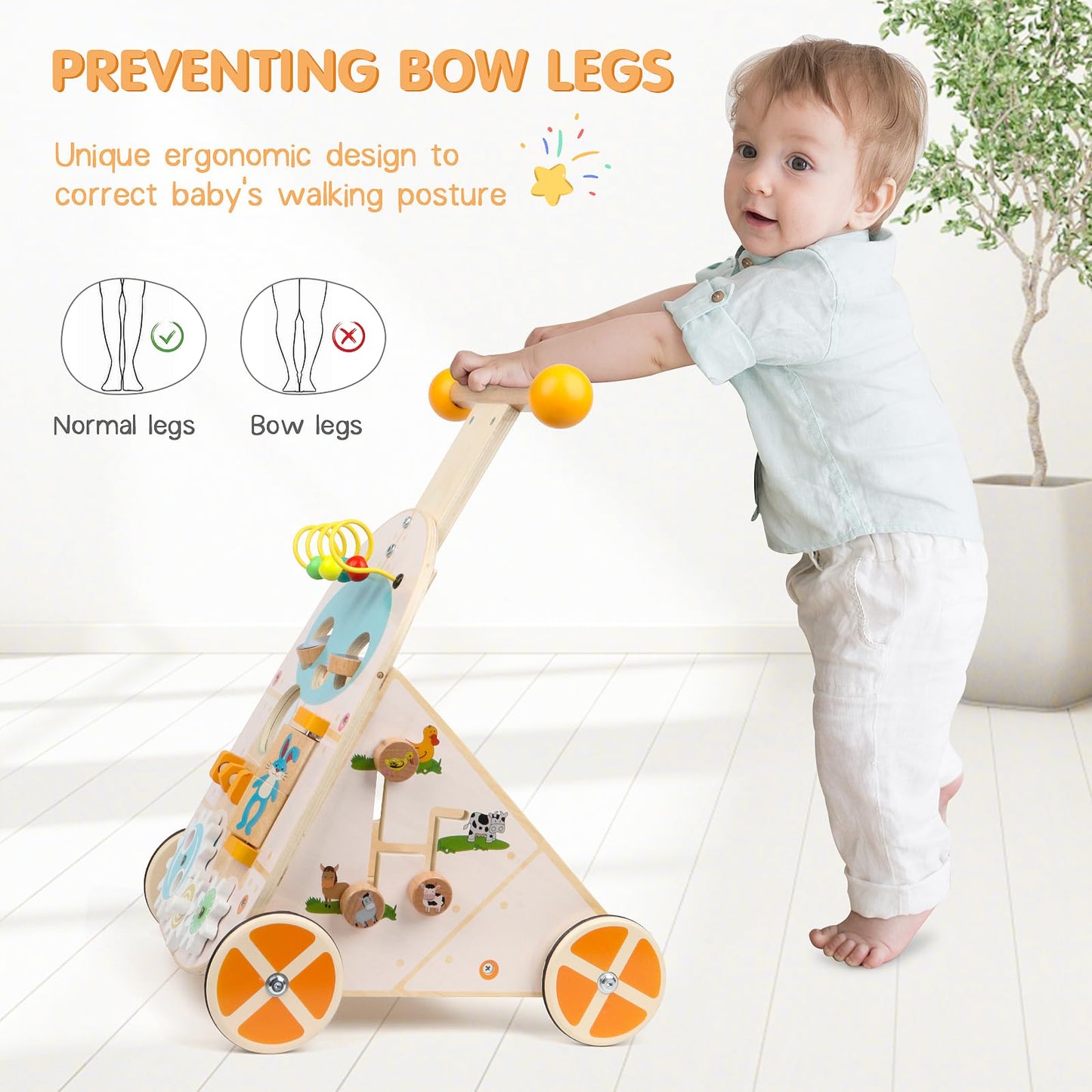 Wooden toddler push walker by Jacootoys with adjustable speed, 7 educational activities, suitable for boys and girls aged 1-3 years.
