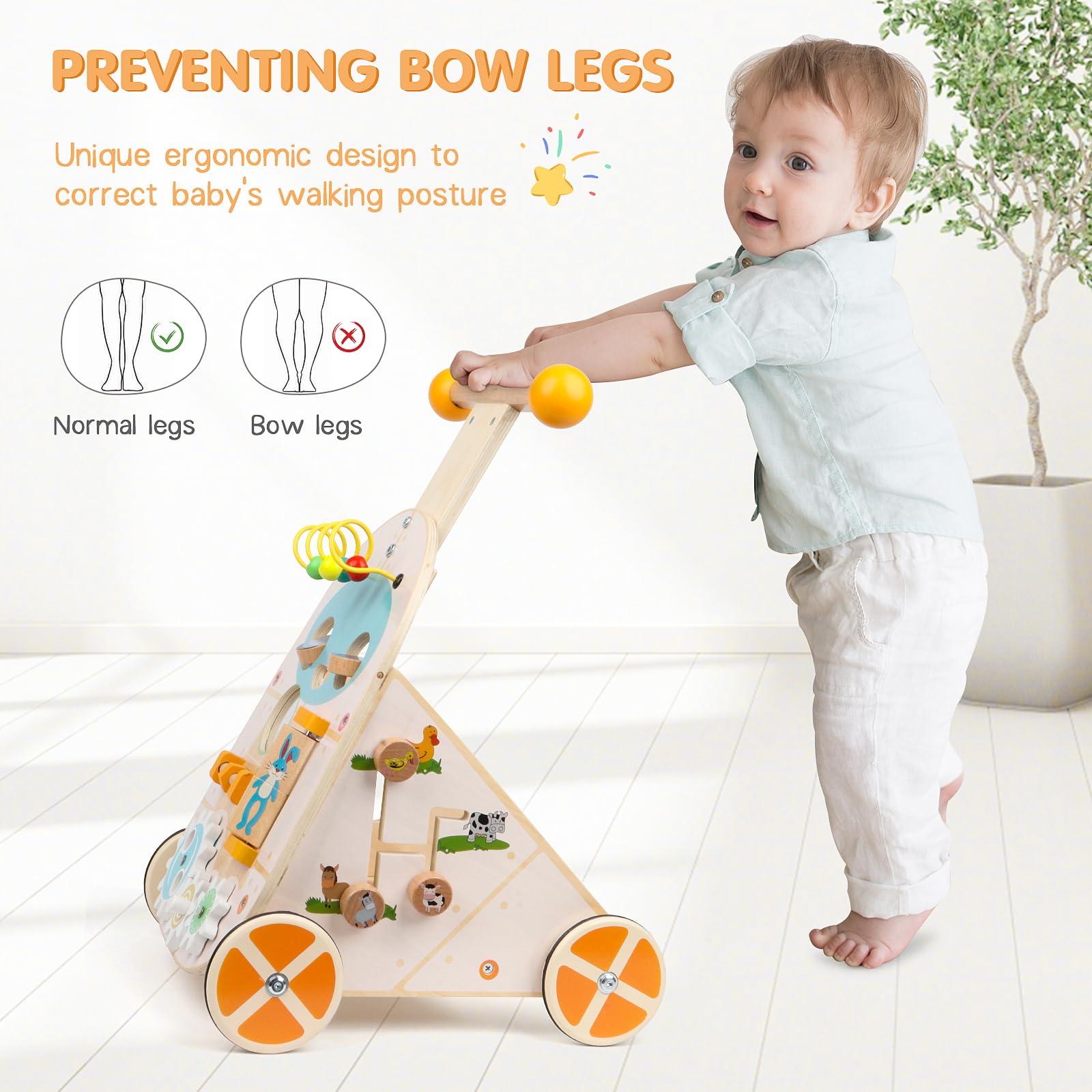 Wooden toddler push walker by Jacootoys with adjustable speed, 7 educational activities, suitable for boys and girls aged 1-3 years.