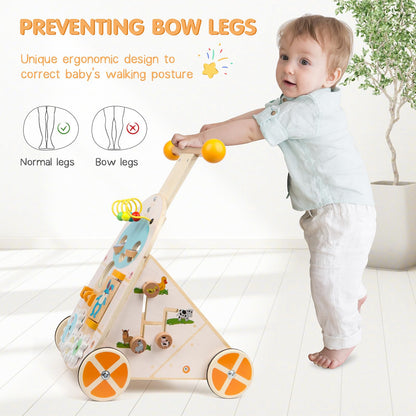 Wooden toddler push walker by Jacootoys with adjustable speed, 7 educational activities, suitable for boys and girls aged 1-3 years.