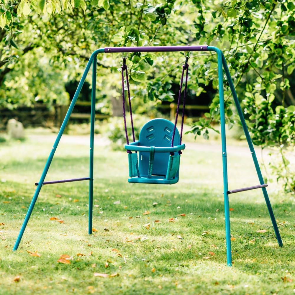 Plum 2-in-1 growable garden swing set with steel frame, two interchangeable swing seats, suitable for babies and children outdoors.