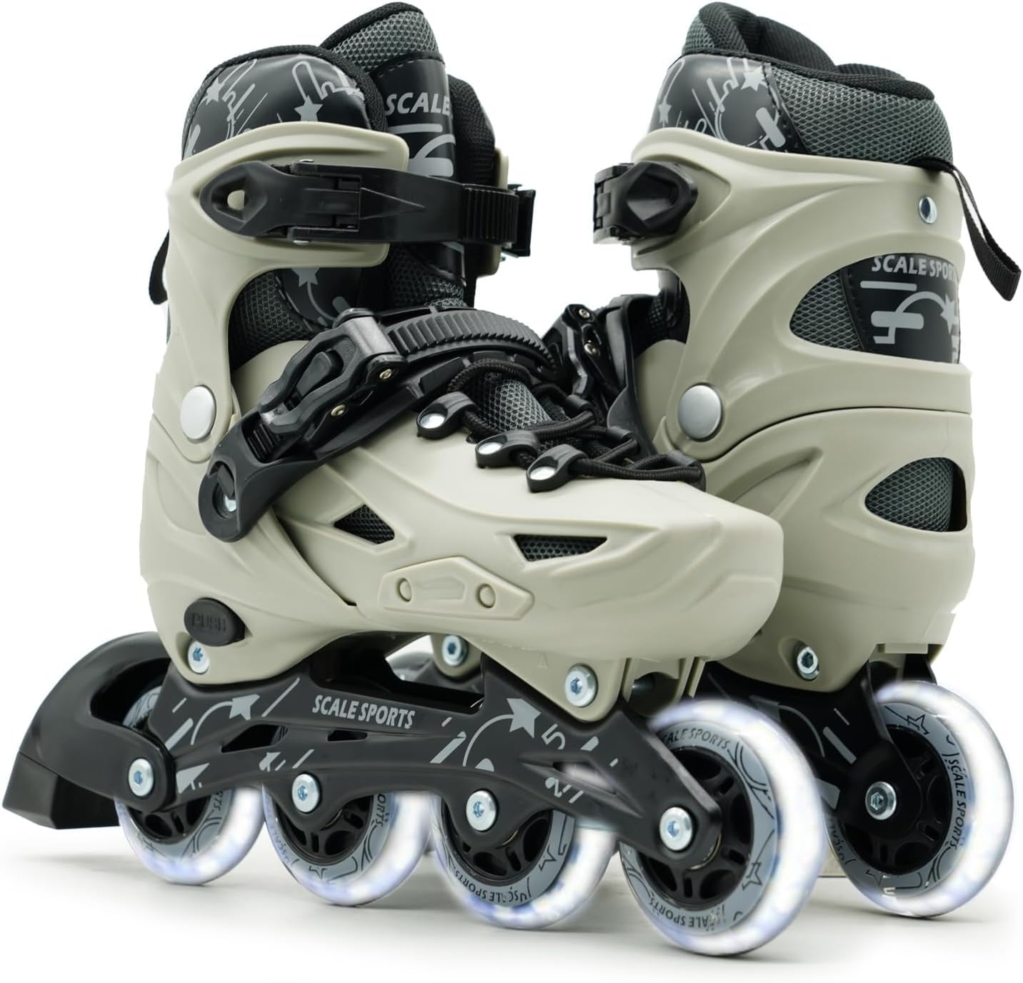 Scale Sports adjustable inline roller skates for kids and adults with gray design and light-up wheels, suitable for UK 2-4.5 or EU 34-37.