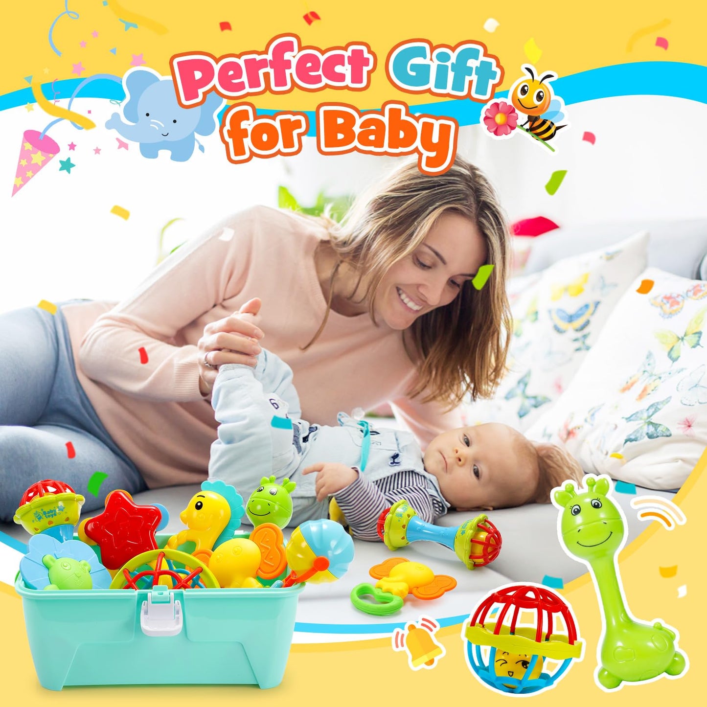 Wootoyz Baby Toys for 0 3 6 9 12 Months Rattle Toys with Storage Box,Newborn Toys for 0-12 Months Infant Toys Wrist Socks Set 0-6 Months Baby Teething Sensory Toys for Babies 6-18 Months Newborn Gift
