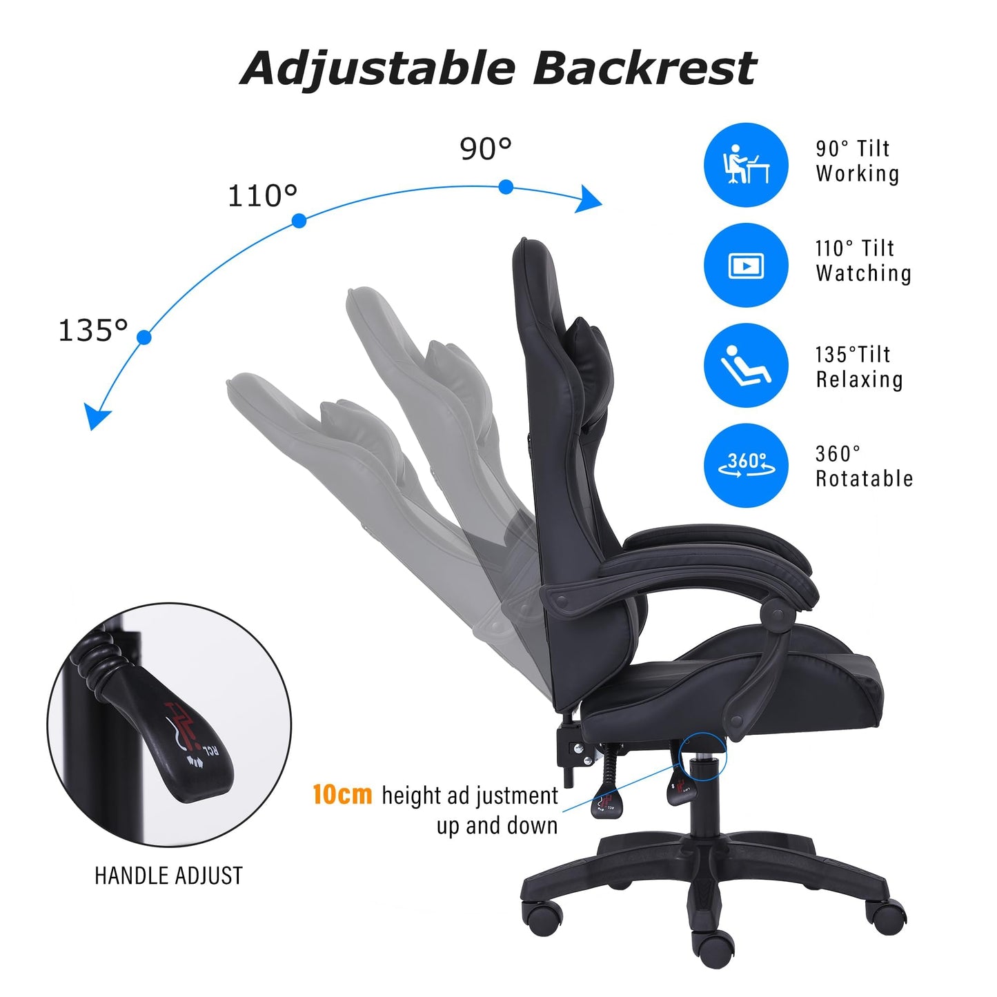 Millhouse Sport Desk Chair in black, adjustable office and gaming racing chair with lumbar and head pillows, ergonomic design.
