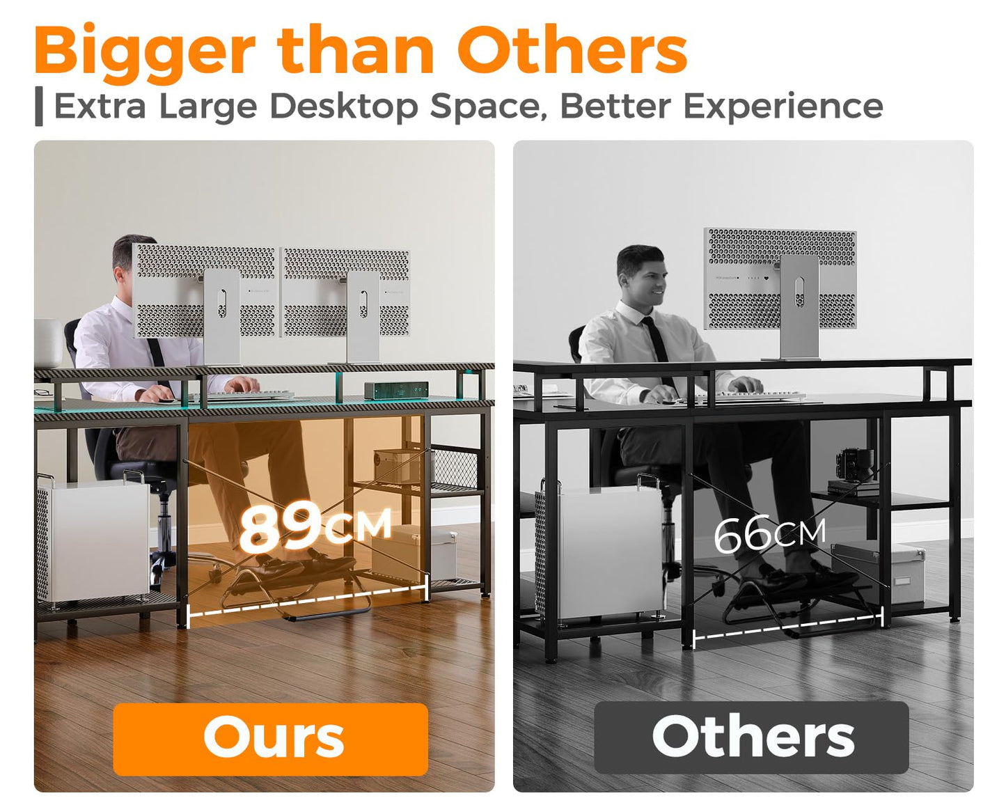 ODK L Shaped Gaming Desk with LED Lights & Power Outlets, 168×120cm Reversible Corner Desk with Storage Shelves, Computer Desks with Monitor Stand, Carbon Fiber Black