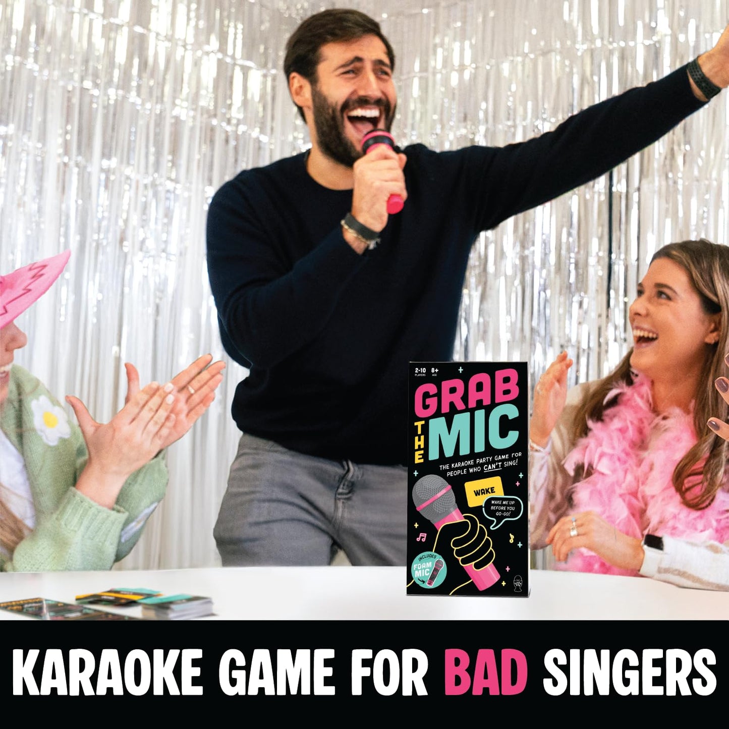 Lucky Egg Official Grab the Mic – Family Karaoke Game, 8+ Year Olds, 2-10 Players - Board Game for Bad Singers with 250 Lyrics (125 Cards) for Hilarious Nights & Birthday Party, Kids Gift