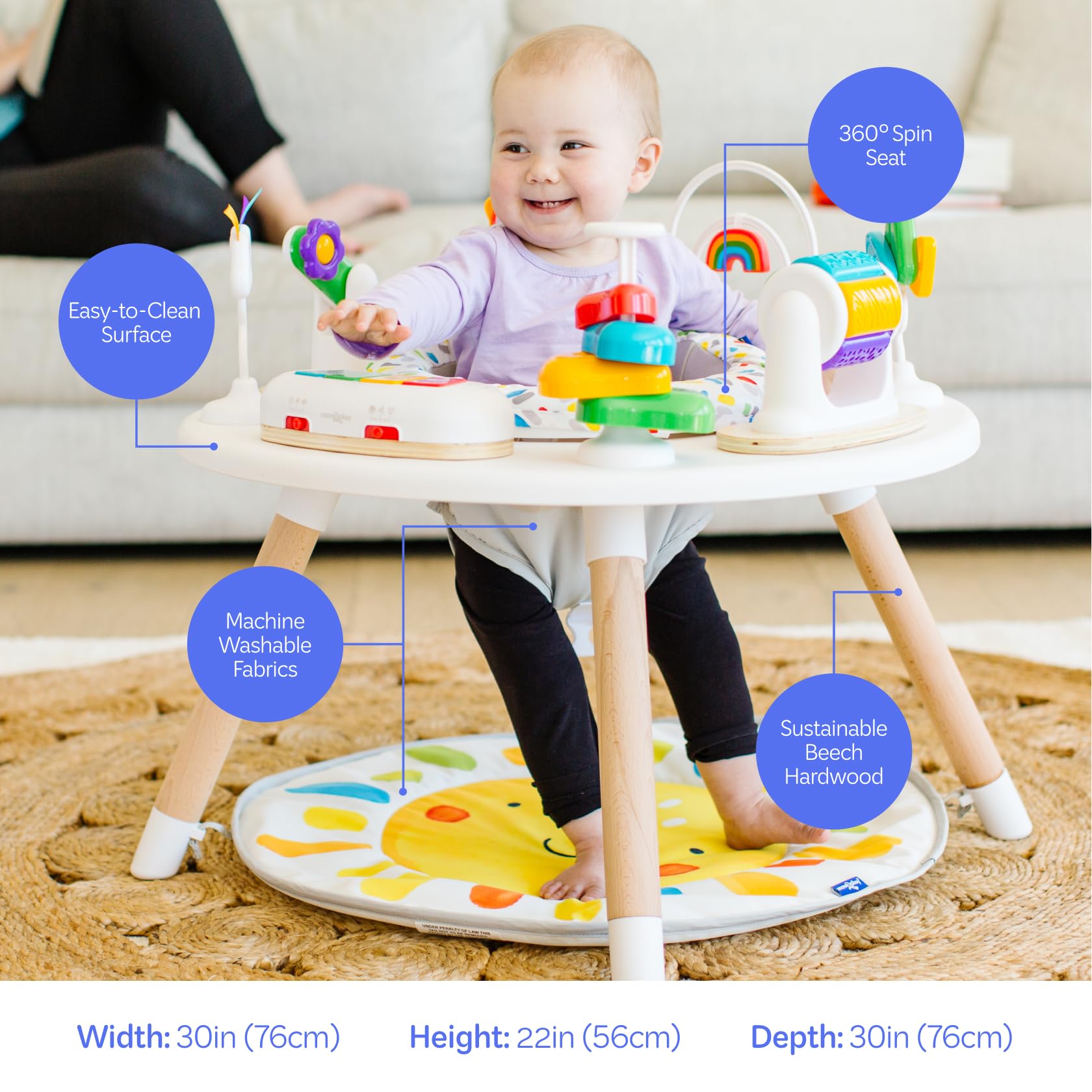 Move2Play 4-in-1 baby activity center with 8 interactive toys, Montessori-inspired design, for tummy time, jumper, and exersaucer use.