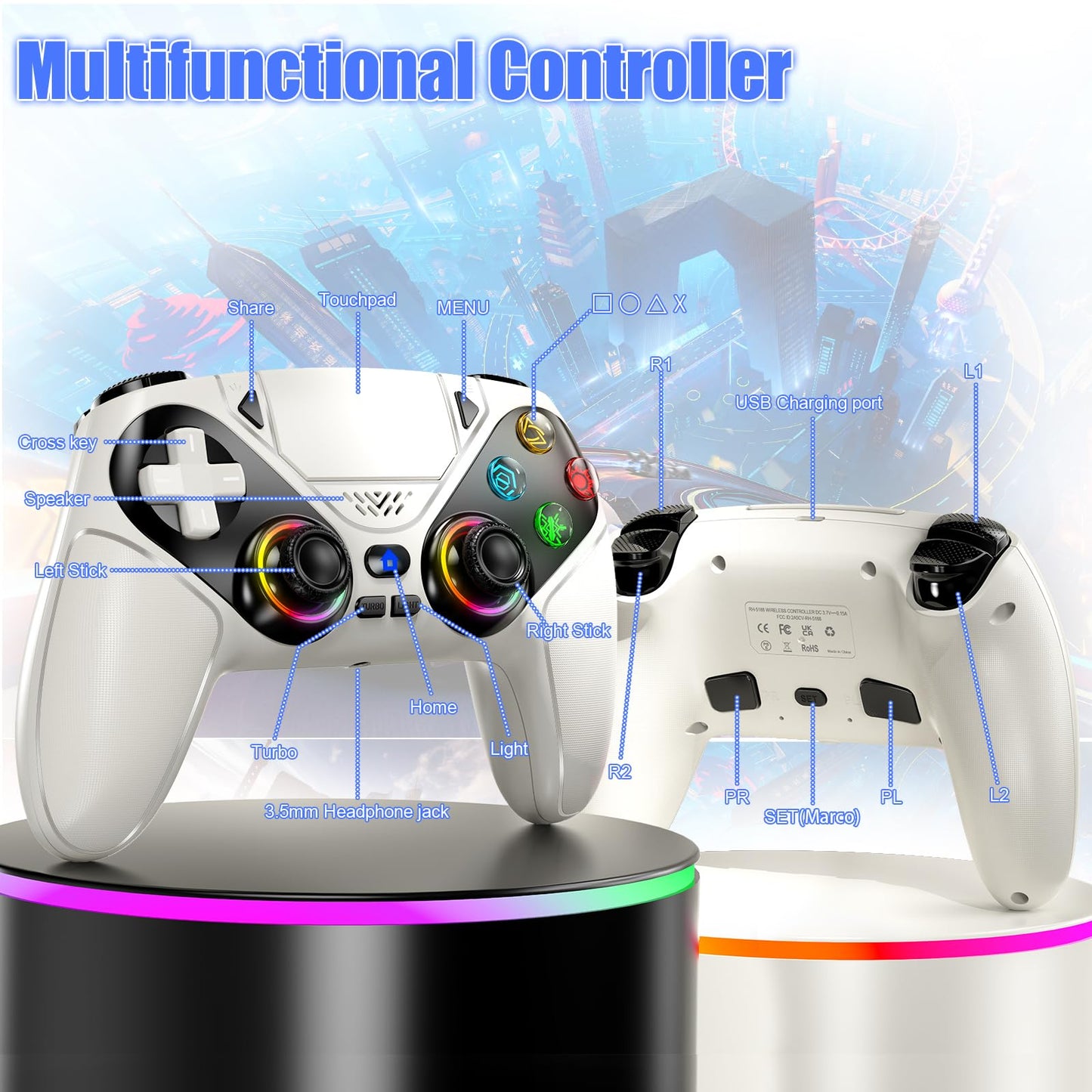 Gamrombo RGB Wireless Controller for PS5/Pro/Slim & PCs, Bluetooth Gamepad with Back Buttons, Touchpad, Macro, Turbo, Dual Vibration, 6-Axis Sensor, Speaker, 3.5mm Audio Jack, White