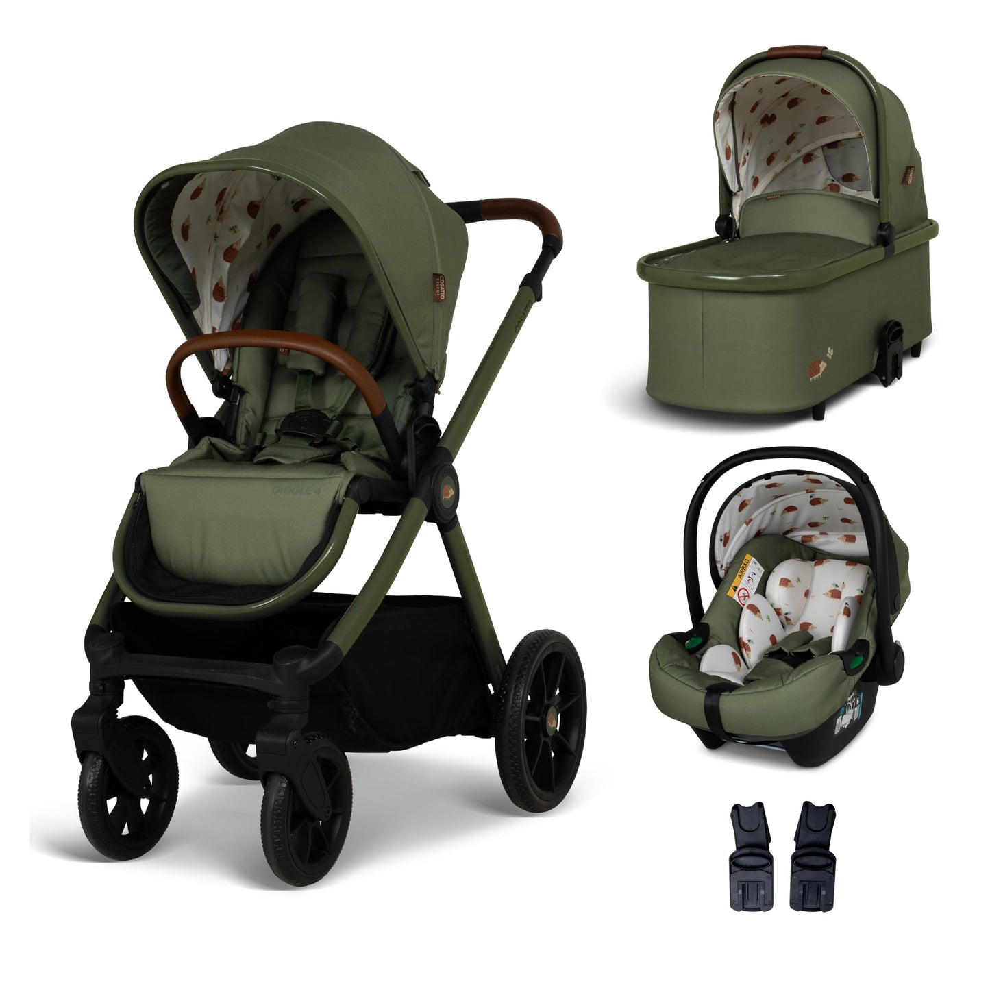 Cosatto Giggle 4 travel system with pram, infant car seat, carrycot, and raincover, suitable for babies to 4-year-olds.