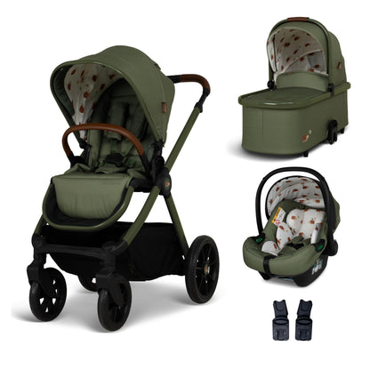 Cosatto Giggle 4 travel system with pram, infant car seat, carrycot, and raincover, suitable for babies to 4-year-olds.