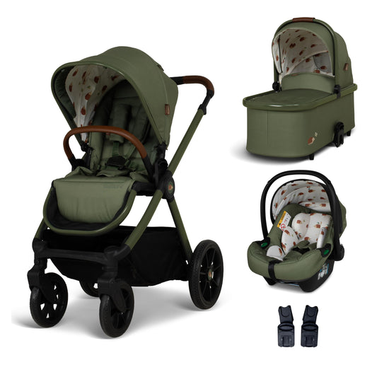 Cosatto Giggle 4 travel system with pram, infant car seat, carrycot, and raincover, suitable for babies to 4-year-olds.