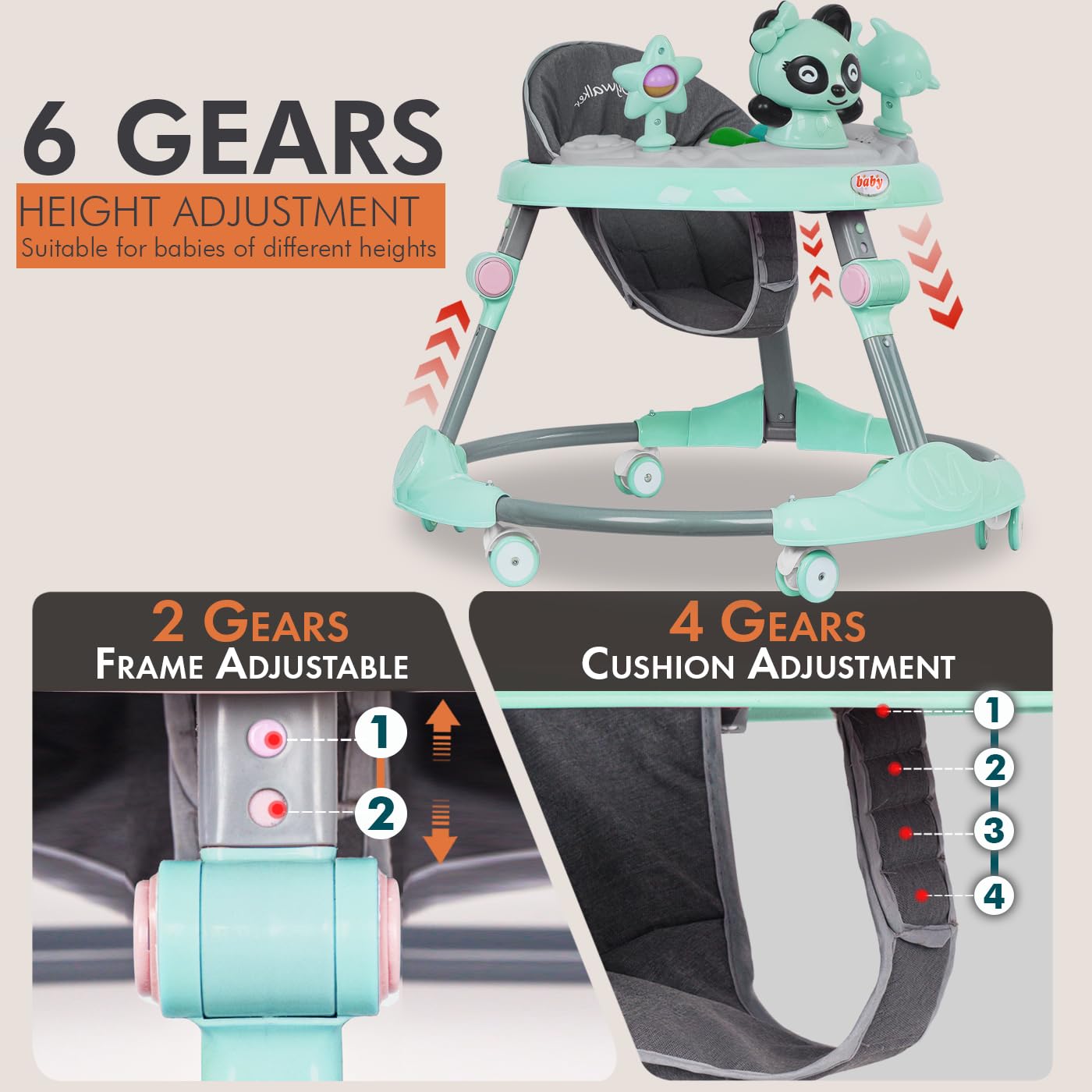FK Sports baby walker in green with adjustable height, activity center, portable music, toys, food tray, and silent wheels for ages 6-18 months.