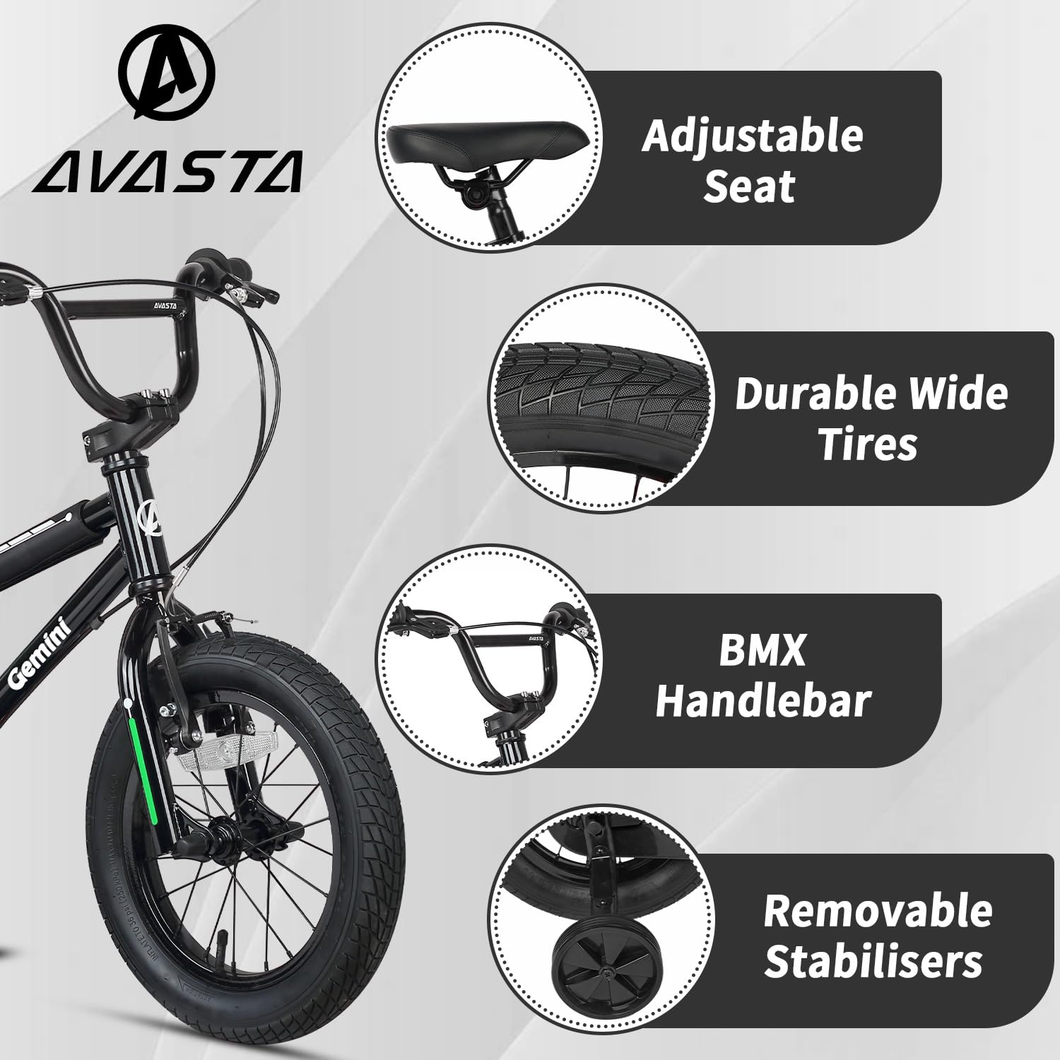 AVASTA 12-inch kids bike for toddlers, black BMX style with bell and stabilizers, suitable for boys and girls aged 1 to 4 years.
