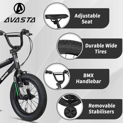 AVASTA 16-inch kids' BMX style bike with black frame, bell, stabilizers, and kickstand for boys and girls over 4 years old.