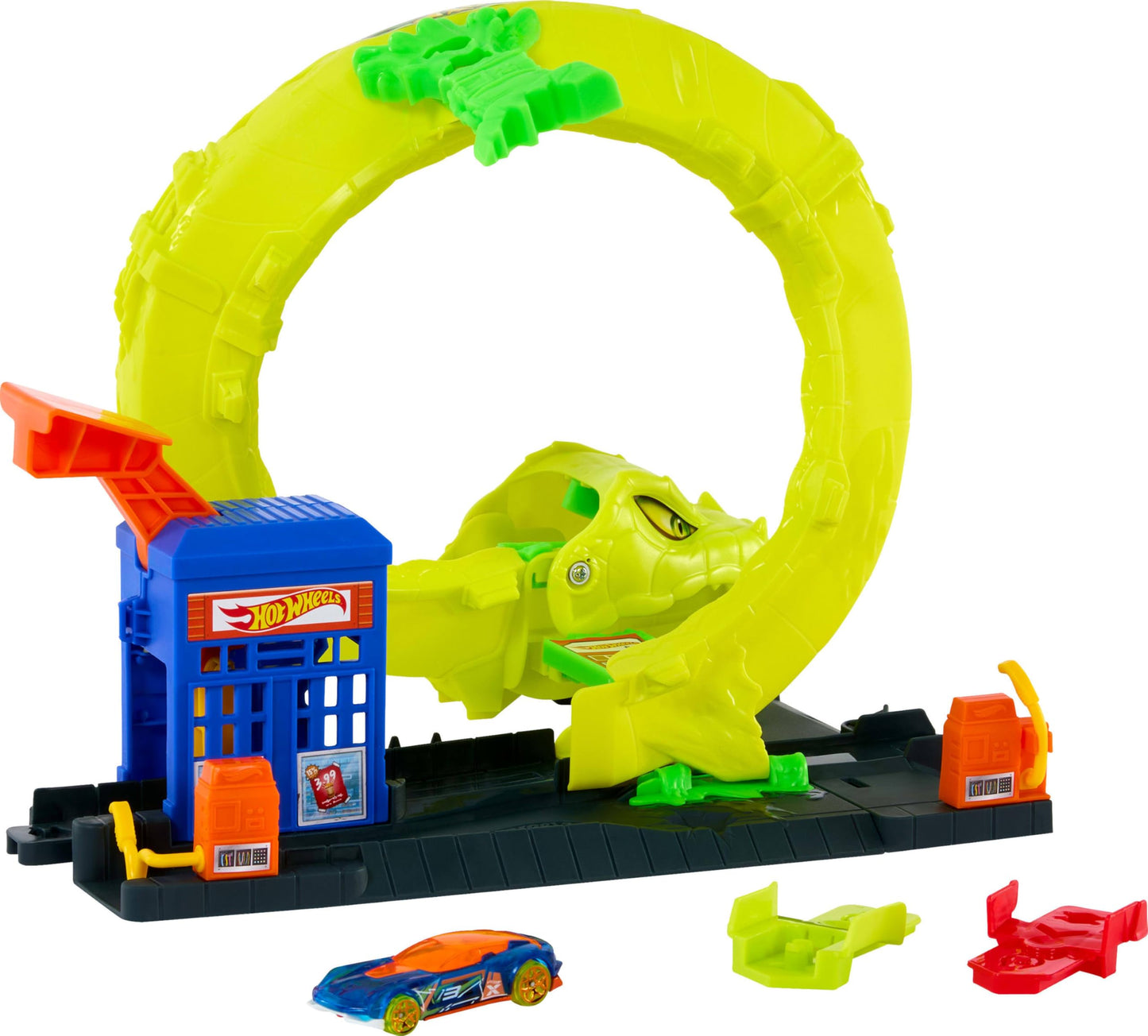 Hot Wheels Toy Car Track Set, Snake Gas Station Playset with 1:64 Scale Die-Cast Vehicle, 2 Ways to Play, Corkscrew Loop & Speed Snap Track