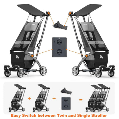 Beberoad R1 Auto-Fold Double Stroller Tandem Pushchair, Ultra Compact Double Pushchair Buggy Pram for Babies Over 6 Months, Side by Side Pram, Can Turn into Two Single Strollers, Only 23.5 lbs, Grey