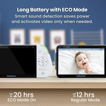 Babysense Full HD split-screen baby monitor with two PTZ cameras, two-way talk, night light, long range, and clear audio.